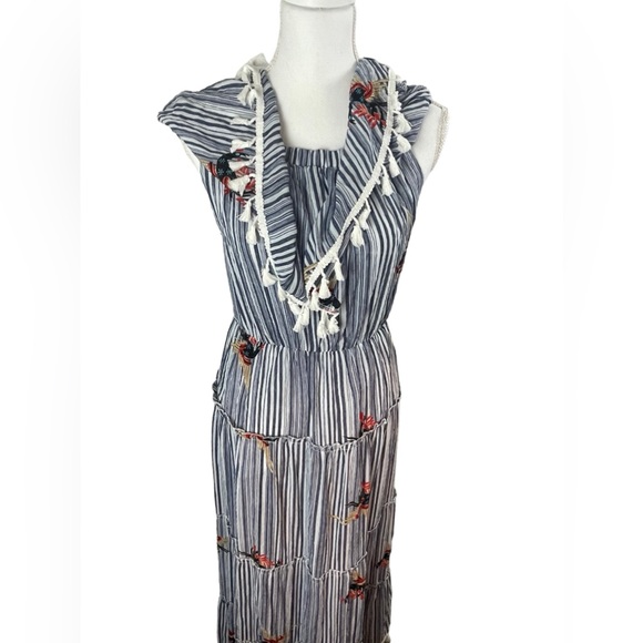 L’ATISTE by AMY Blue & White Off Shoulder tier Maxi Dress with fringe Tassles - Picture 6 of 15